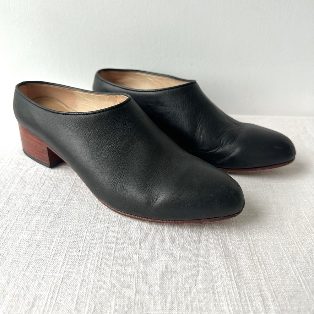 Nisolo Sofia Mule Noir Black Leather‎ Pointed Toe Wood Block Heel Womens Size 7